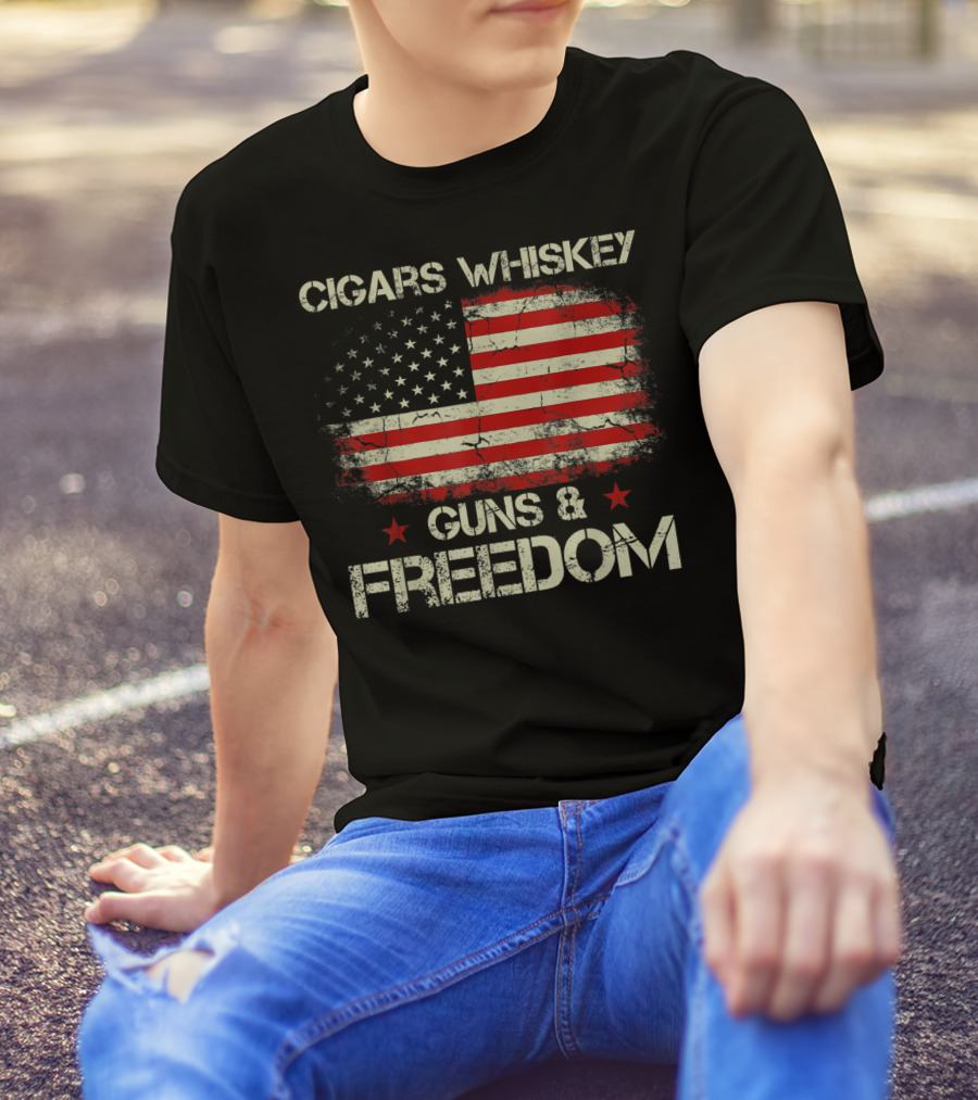 Cigars Whiskey Guns Freedom American Flag Patriotic USA Stars Stripes T-Shirt