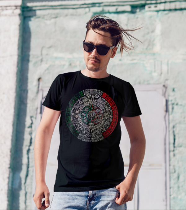 Aztec Calendar Sun Stone Mexican Flag Colors Carving Maya Mayans T-Shirt