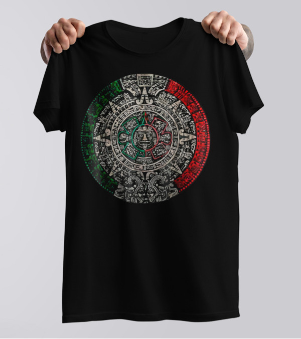 Aztec Calendar Sun Stone Mexican Flag Colors Carving Maya Mayans T-Shirt