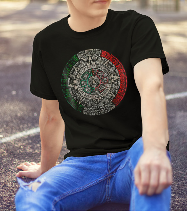 Aztec Calendar Sun Stone Mexican Flag Colors Carving Maya Mayans T-Shirt
