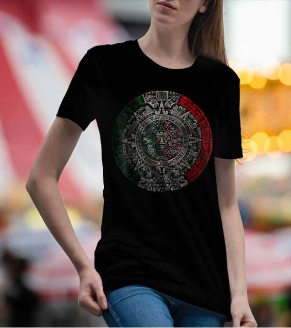 Aztec Calendar Sun Stone Mexican Flag Colors Carving Maya Mayans T-Shirt