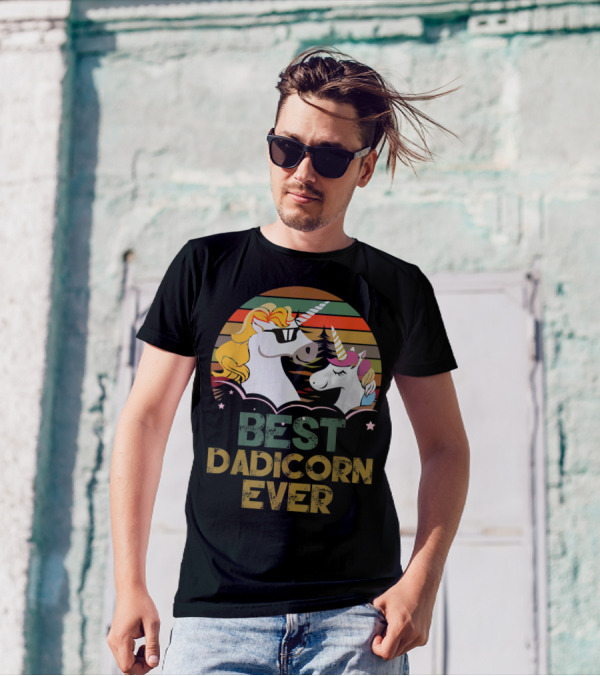 Best Dadicorn Ever Retro Funny Unicorns With Sunset Stripes T-Shirt