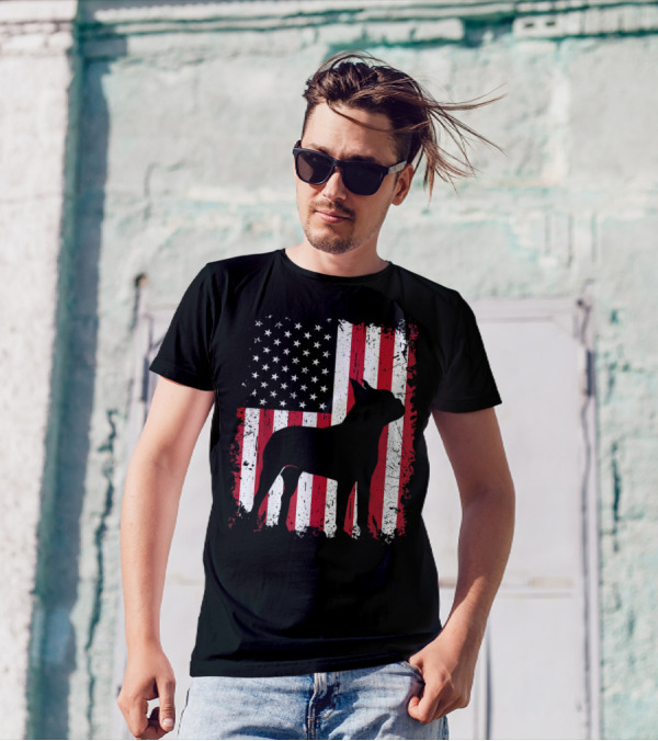 Boston Terrier Silhouette With American USA Flag 4th Of July Dog T-Shirt