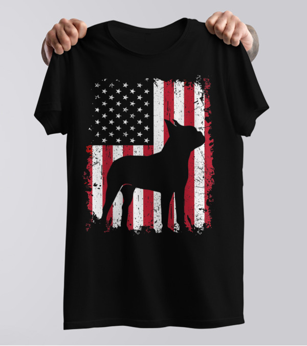 Boston Terrier Silhouette With American USA Flag 4th Of July Dog T-Shirt