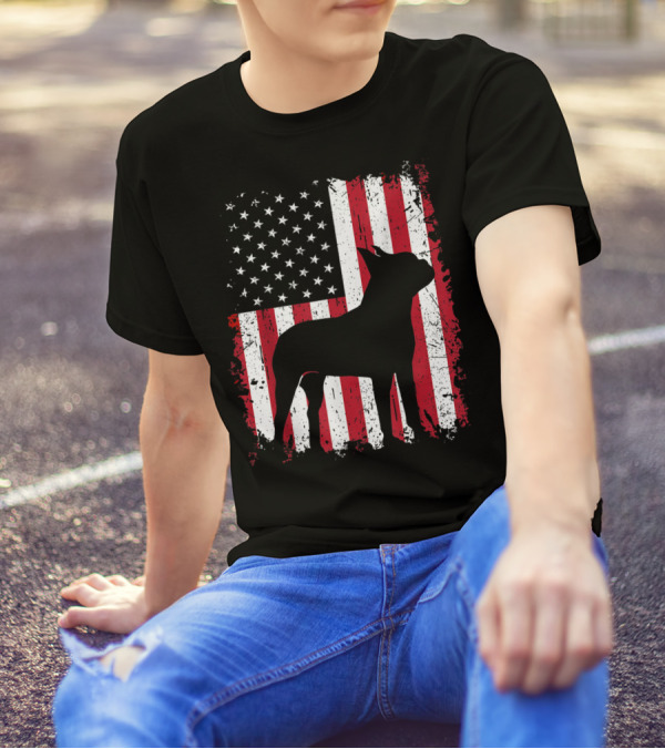 Boston Terrier Silhouette With American USA Flag 4th Of July Dog T-Shirt