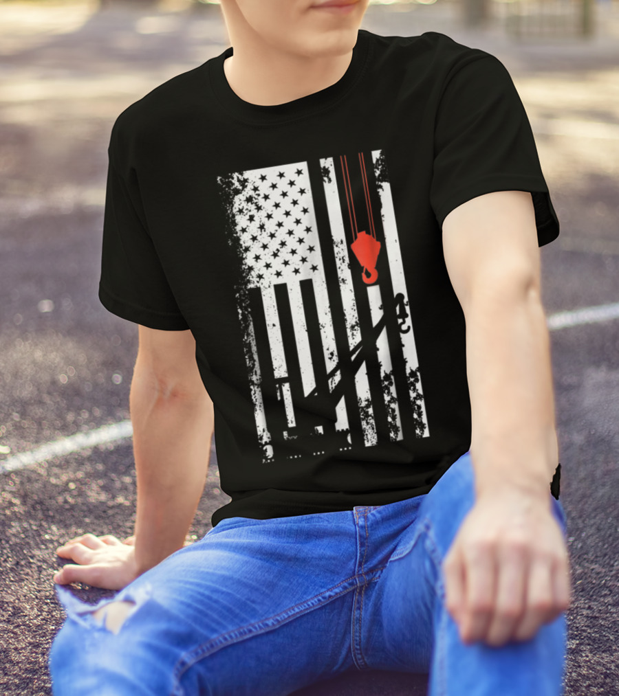 American Flag Crane Operator Hook And Lines T-Shirt