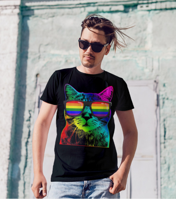 Cute Cat With Gay Flag Rainbow Sunglasses LGBTT T-Shirt