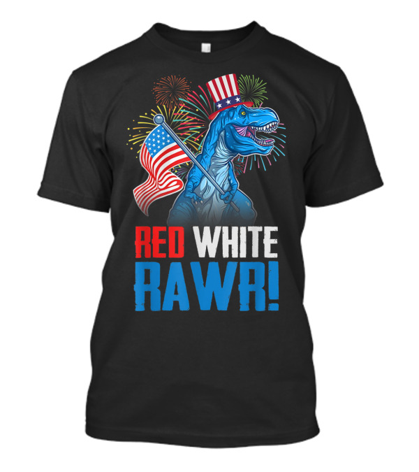 Red White Rawr Dinosaur Rex USA Flag 4th Of July T-Shirt