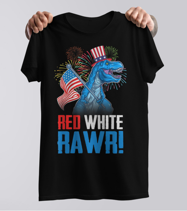 Red White Rawr Dinosaur Rex USA Flag 4th Of July T-Shirt