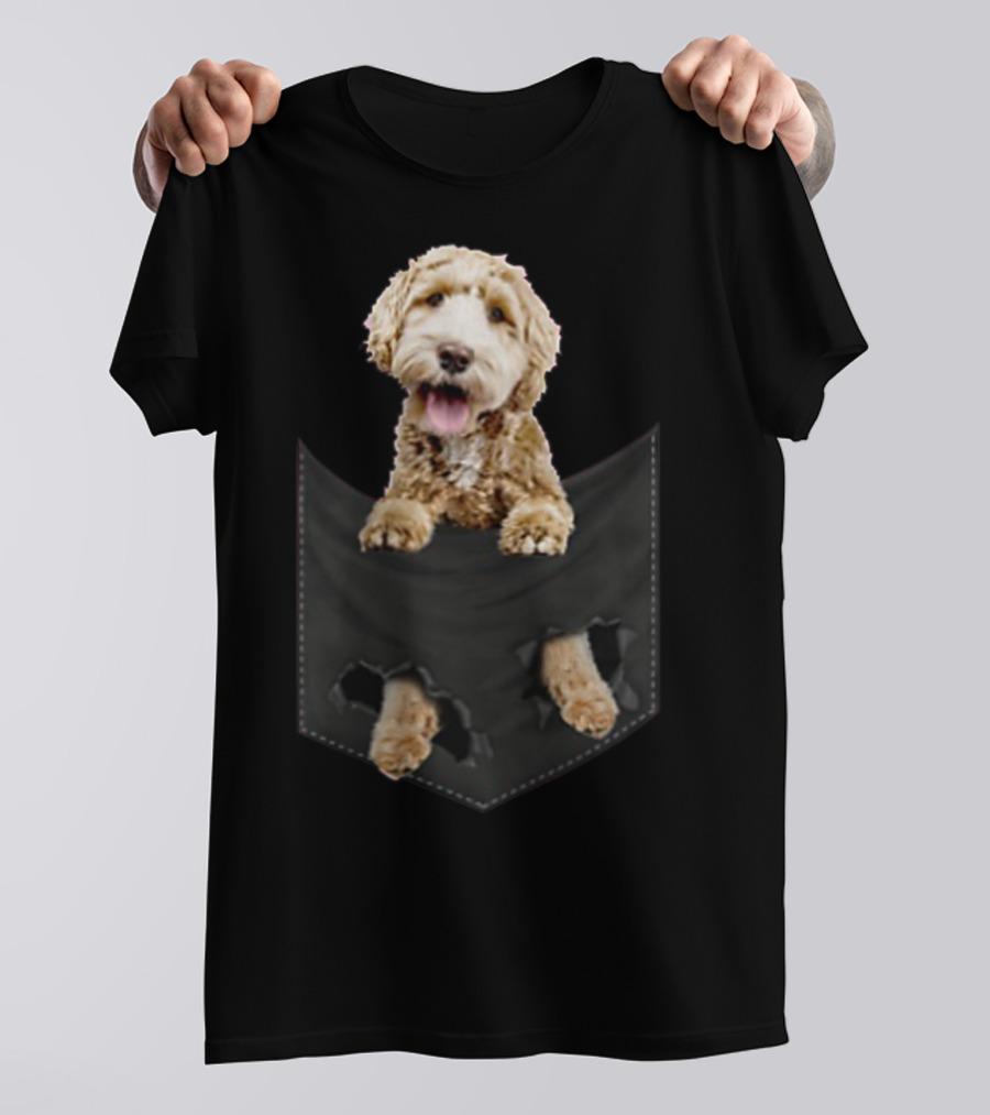 Dog In Your Pocket Labradoodle Peeking Out Pawing Through Black Pocket T-Shirt