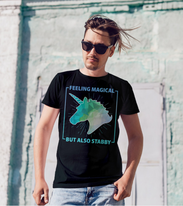 Feeling Magical But Also Stabby Funny Cute Unicorn Geometric Head T-Shirt