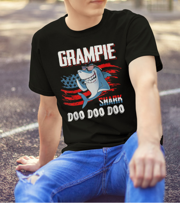 Grampie Shark Doo Doo Doo Father's Day 4th Of July American Flag Sunglasses T-Shirt