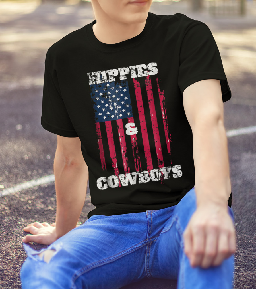 Hippies Cowboys And American Flag Distressed Look T-Shirt