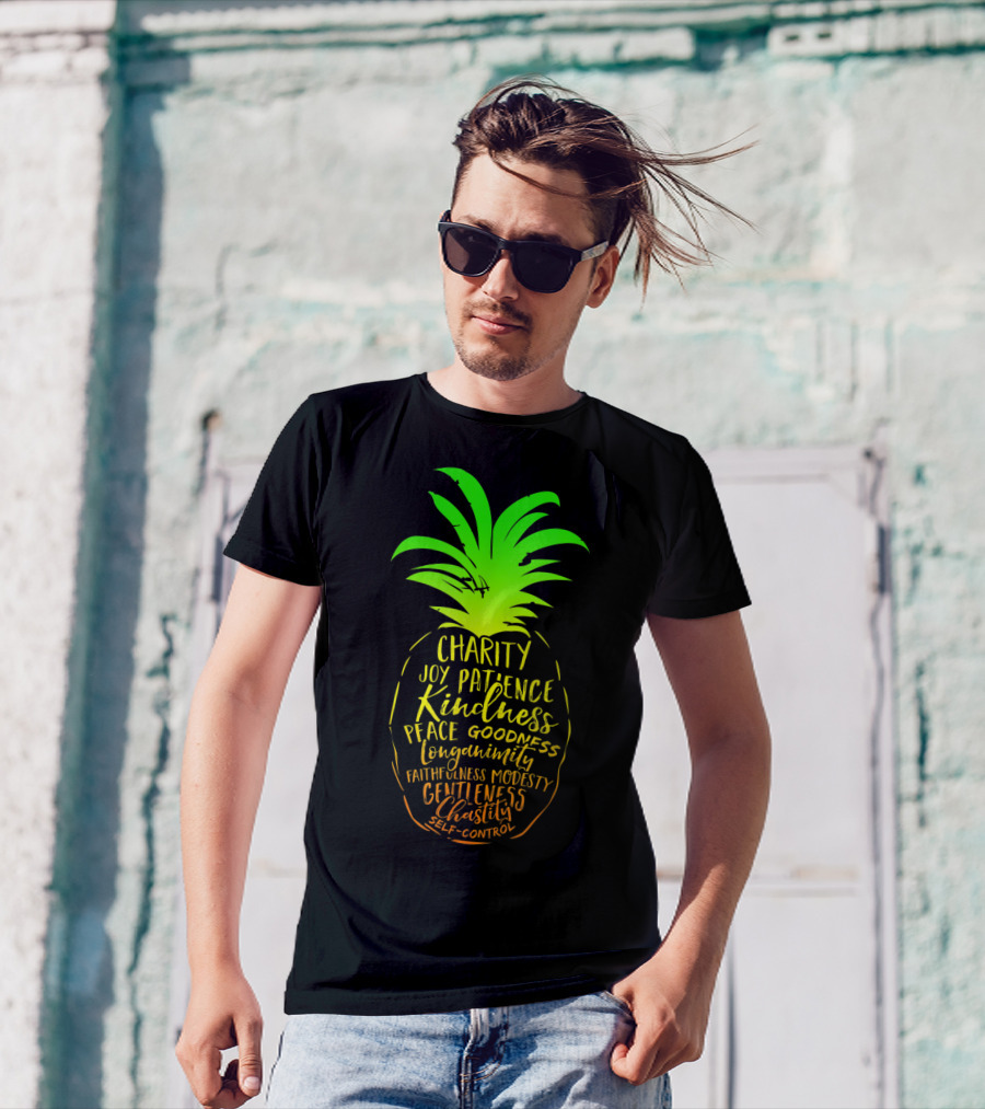 Holy Spirit Catholic Pineapple Charity Joy Patience Kindness Peace Goodness Longanimity Faithfulness Modesty Gentleness Chastity Self-Control T-Shirt
