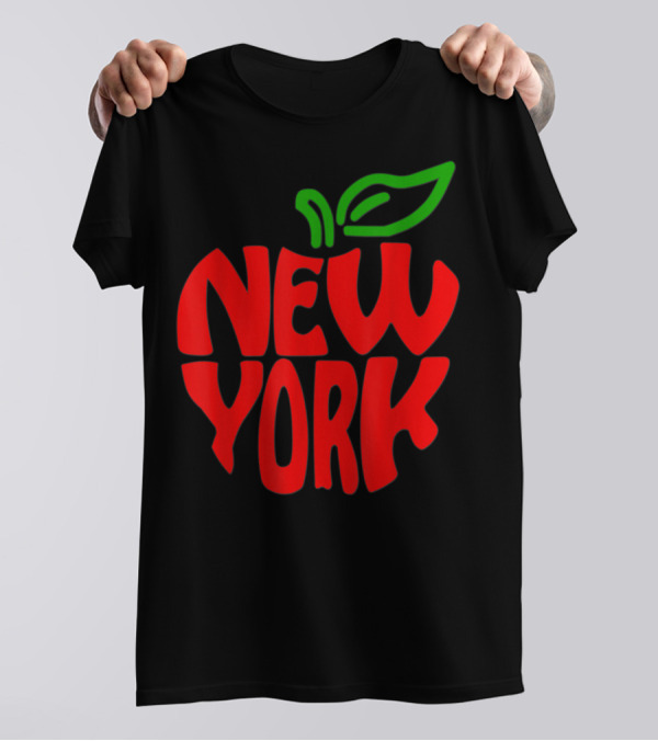 New York Big Apple Red Typography With Green Leaf T-Shirt