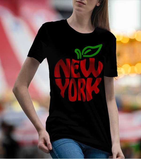 New York Big Apple Red Typography With Green Leaf T-Shirt