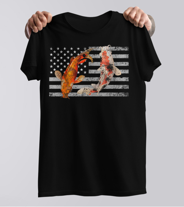 USA Flag With Japanese Koi Fish And Koi Carp T-Shirt