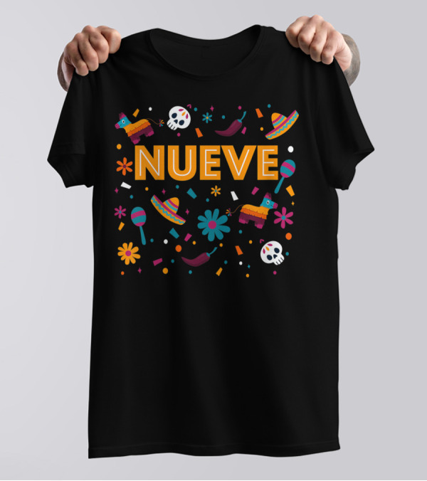 Kids 9 Year Old Mexican Fiesta Birthday Nueve Pinata Sombrero Maracas Skulls Flowers T-Shirt