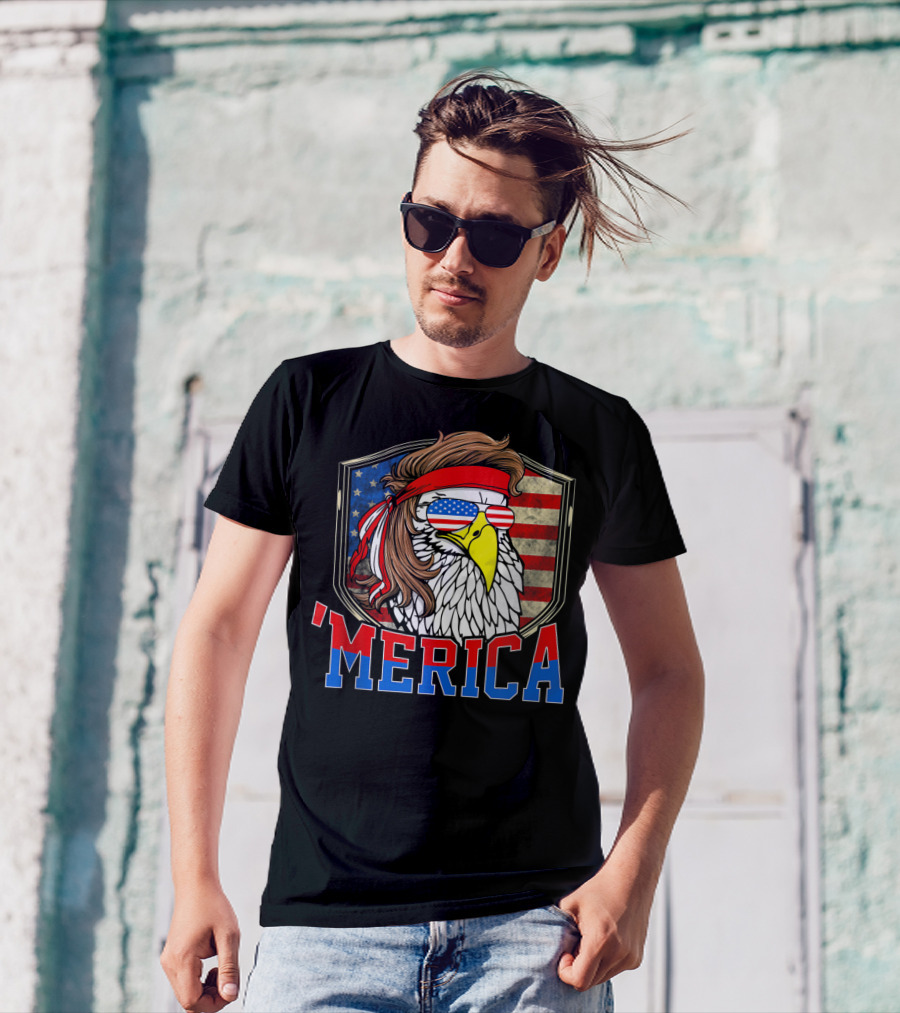 'MERICA 4th Of July Bald Eagle Mullet With American Flag Sunglasses T-Shirt