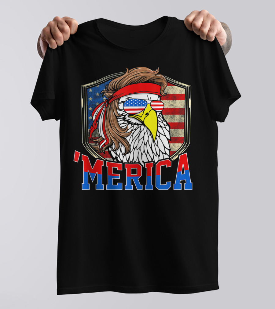 'MERICA 4th Of July Bald Eagle Mullet With American Flag Sunglasses T-Shirt