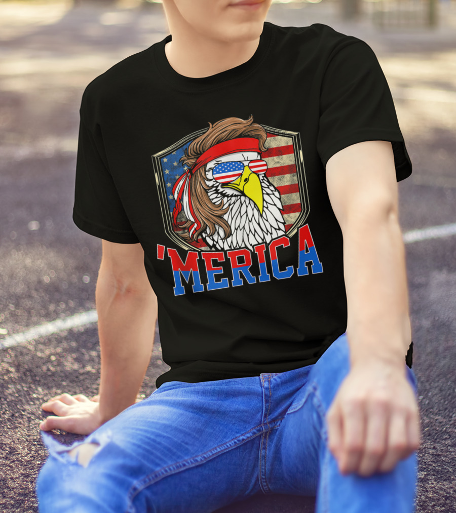 'MERICA 4th Of July Bald Eagle Mullet With American Flag Sunglasses T-Shirt