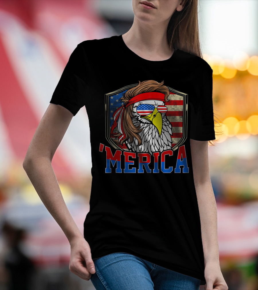 'MERICA 4th Of July Bald Eagle Mullet With American Flag Sunglasses T-Shirt