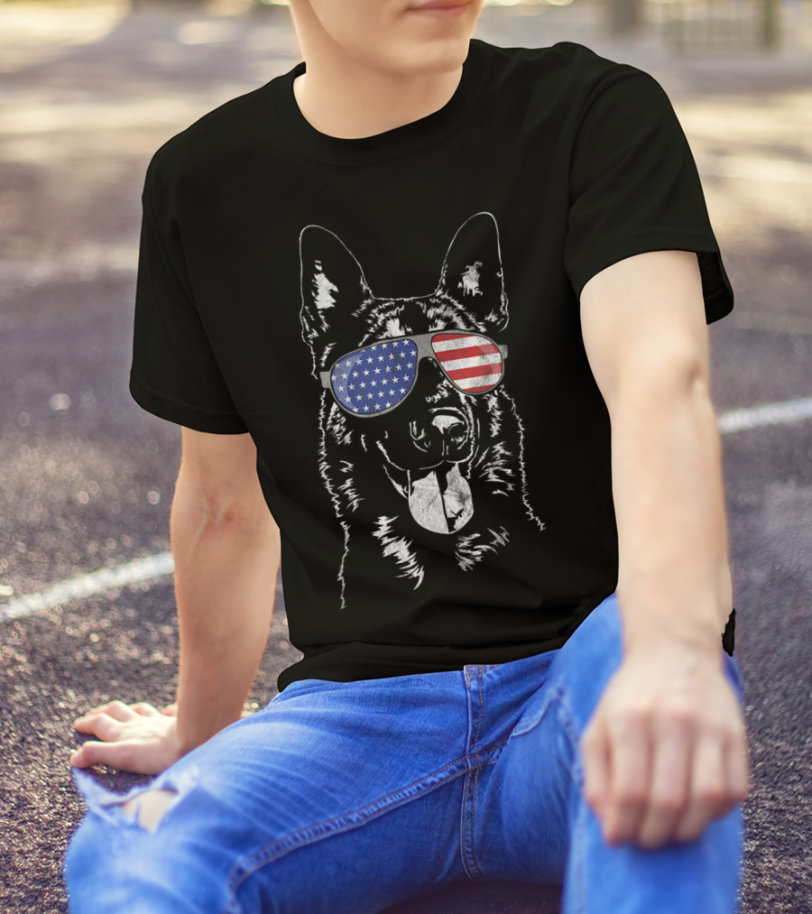Funny Proud Belgian Malinois Dog In American Flag Sunglasses T-Shirt