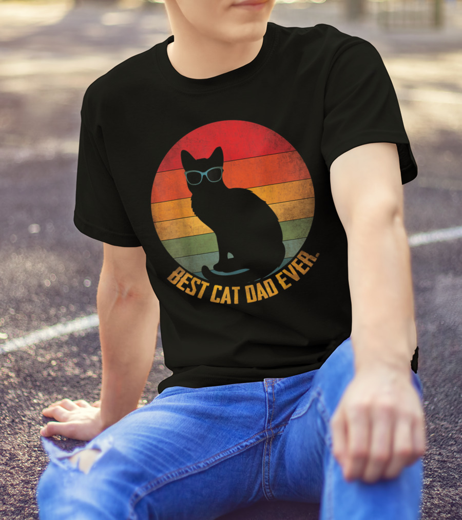 Vintage Sunset Best Cat Dad Ever Silhouette With Sunglasses T-Shirt