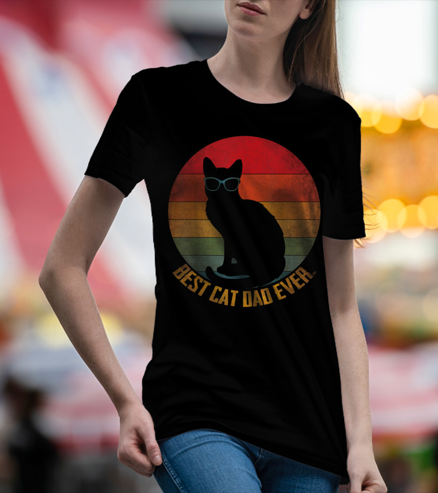 Vintage Sunset Best Cat Dad Ever Silhouette With Sunglasses T-Shirt
