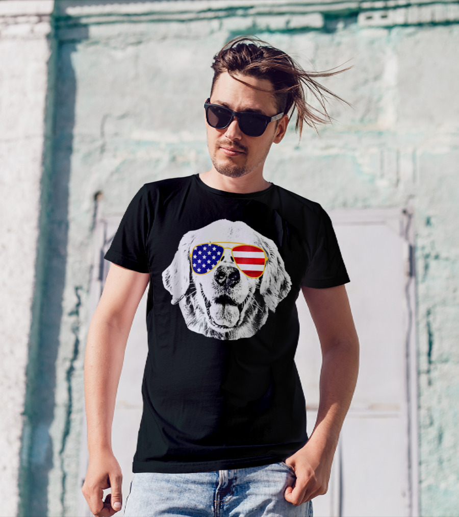 Golden Retriever Wearing American Flag Sunglasses Patriotic 4th Of July Dog T-Shirt