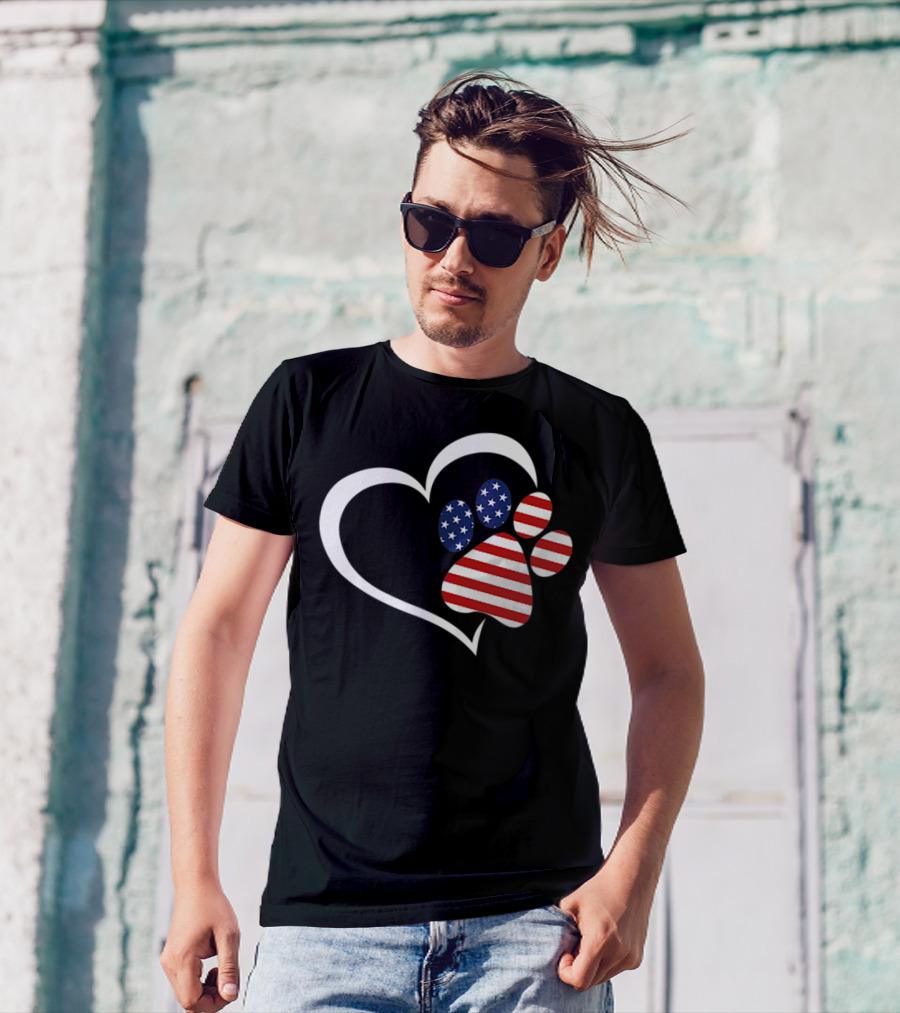 Dog Paw Heart Love Red White Blue American Flag Patriotic T-Shirt