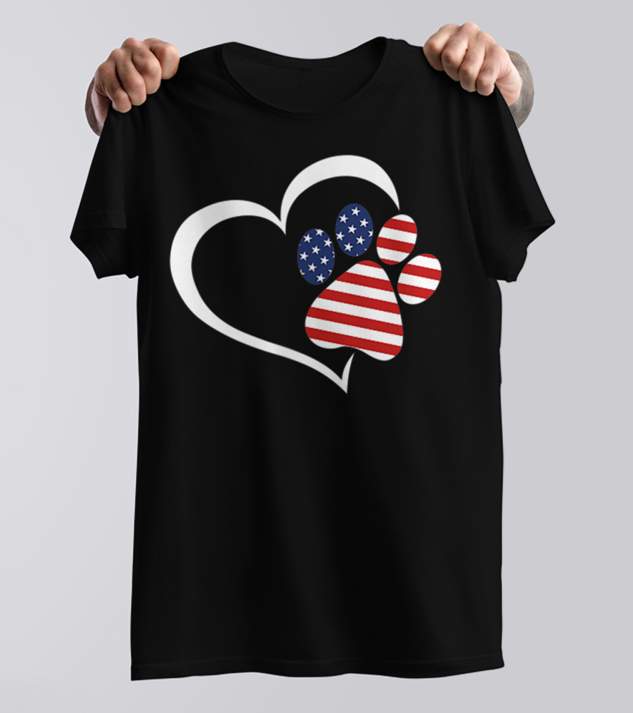Dog Paw Heart Love Red White Blue American Flag Patriotic T-Shirt