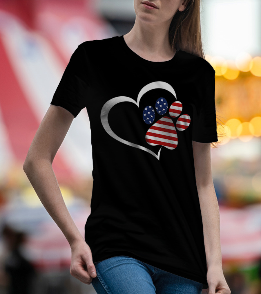 Dog Paw Heart Love Red White Blue American Flag Patriotic T-Shirt