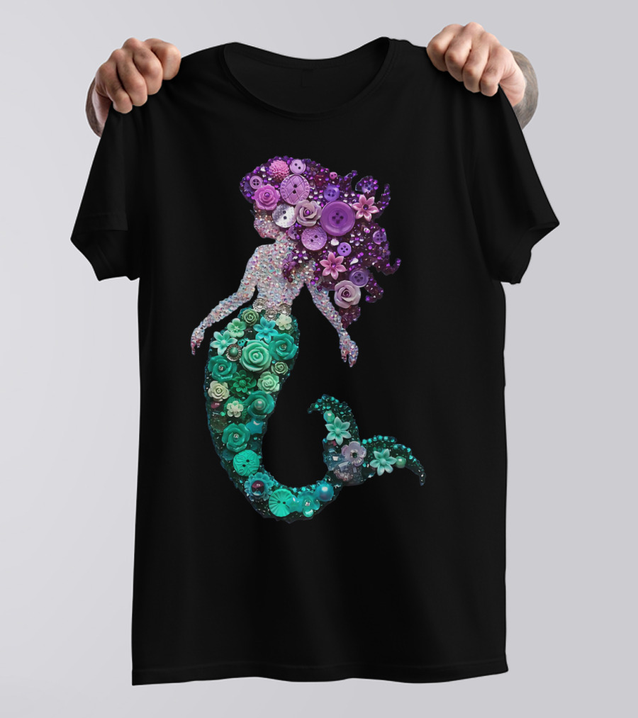 Flower Mermaid Purple Green Buttons T-Shirt