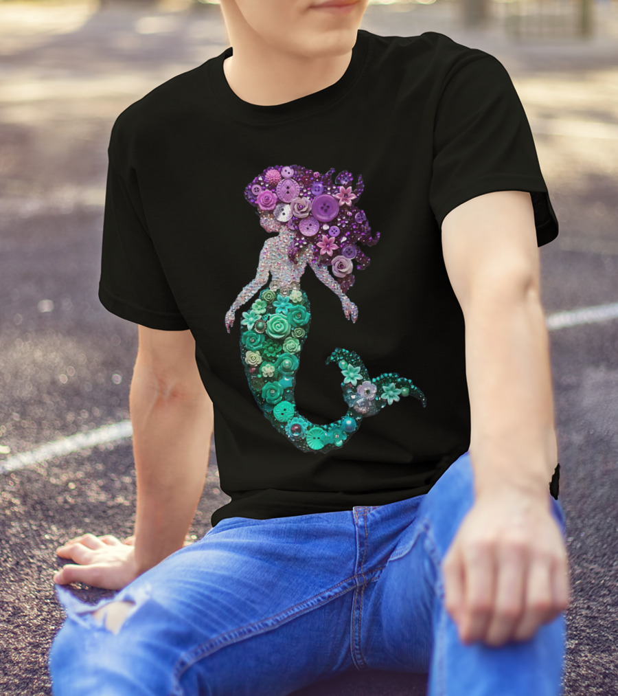 Flower Mermaid Purple Green Buttons T-Shirt