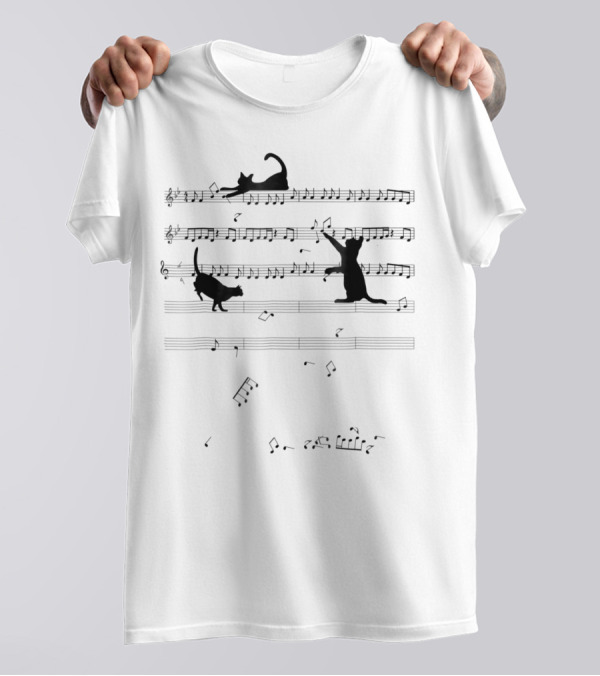 Cat Silhouettes On Musical Notes Melody T-Shirt