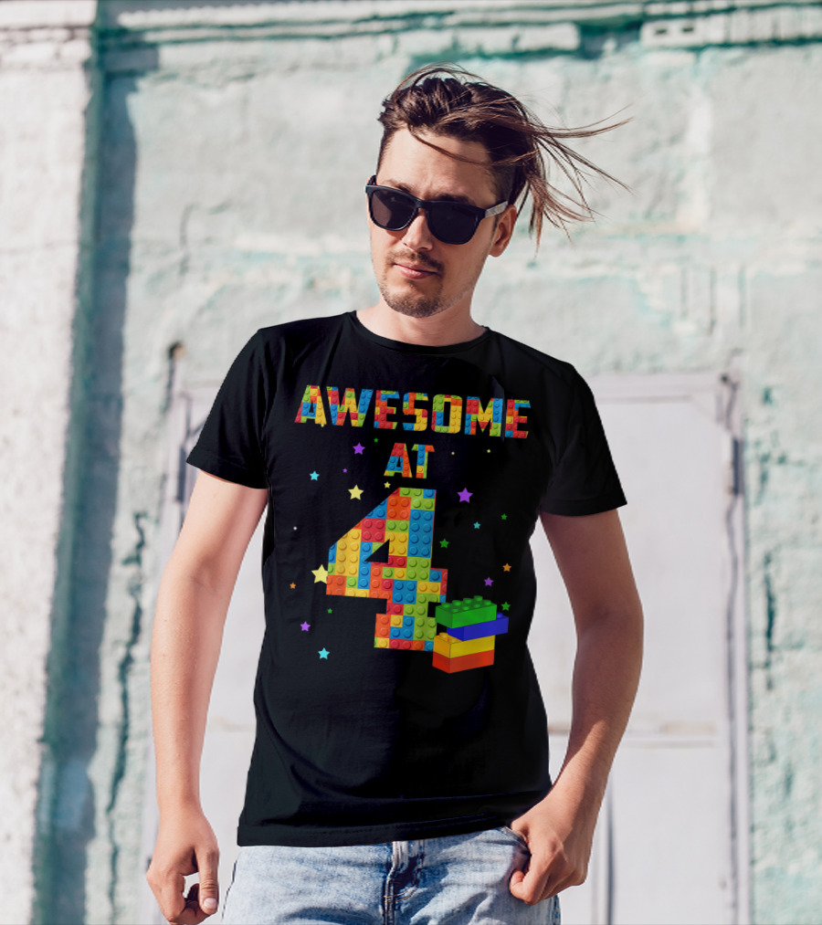 AWESOME AT 4 Building Blocks Kids Birthday T-Shirt