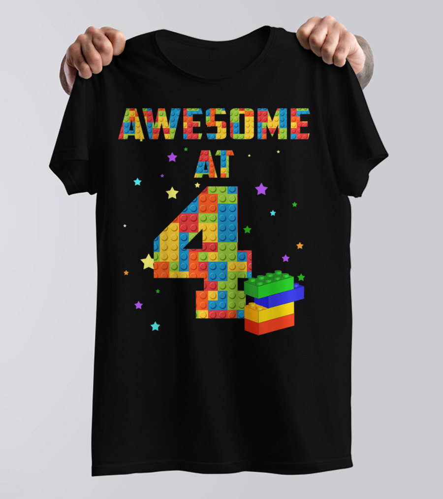 AWESOME AT 4 Building Blocks Kids Birthday T-Shirt