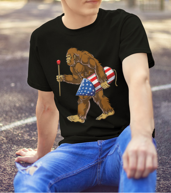 Bigfoot 4th Of July Fireworks Kids Boys Sasquatch Rocket T-Shirt