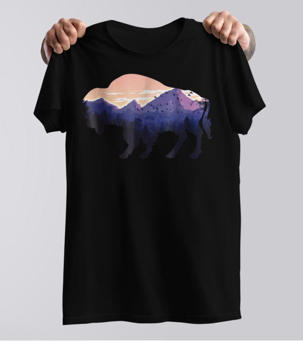 Bison Silhouette With Mountain And Forest Scene T-Shirt