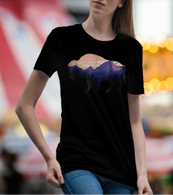 Bison Silhouette With Mountain And Forest Scene T-Shirt