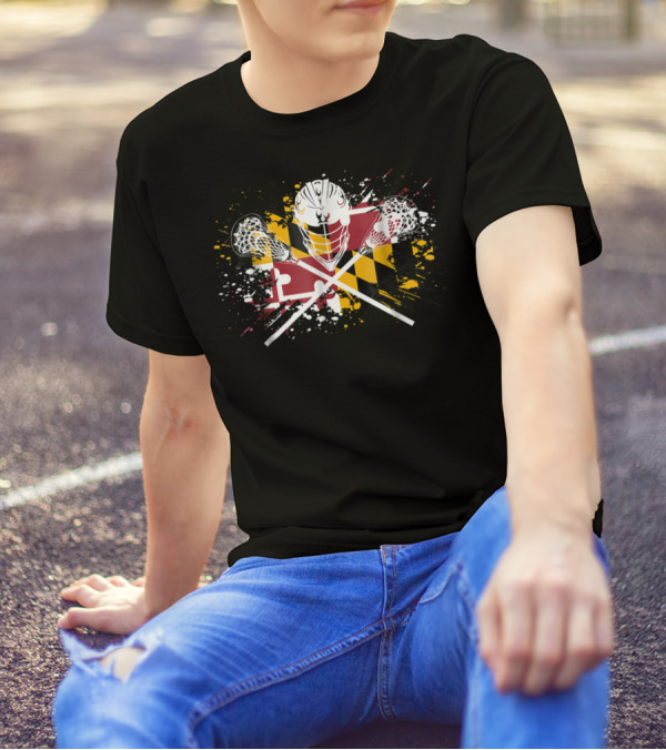 Boys Lacrosse Helmet Maryland Flag Crossed LAX Sticks T-Shirt