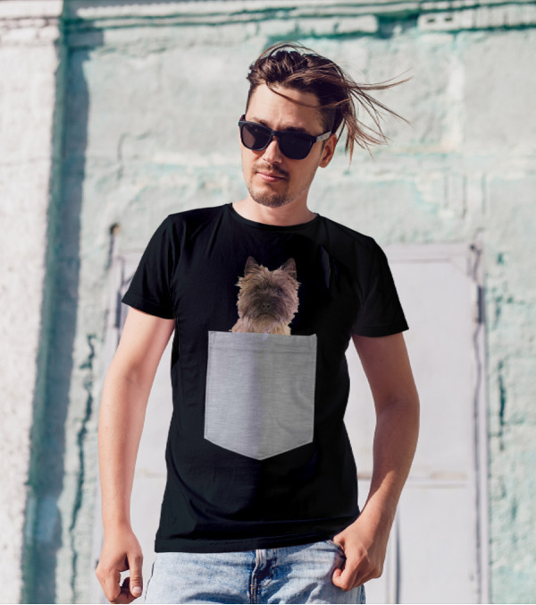 Cairn Terrier Pup Peeking From Pocket T-Shirt
