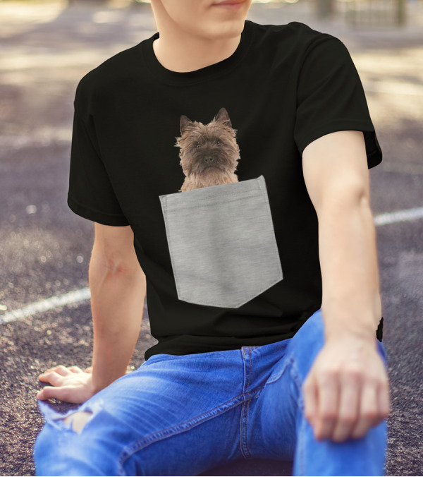 Cairn Terrier Pup Peeking From Pocket T-Shirt