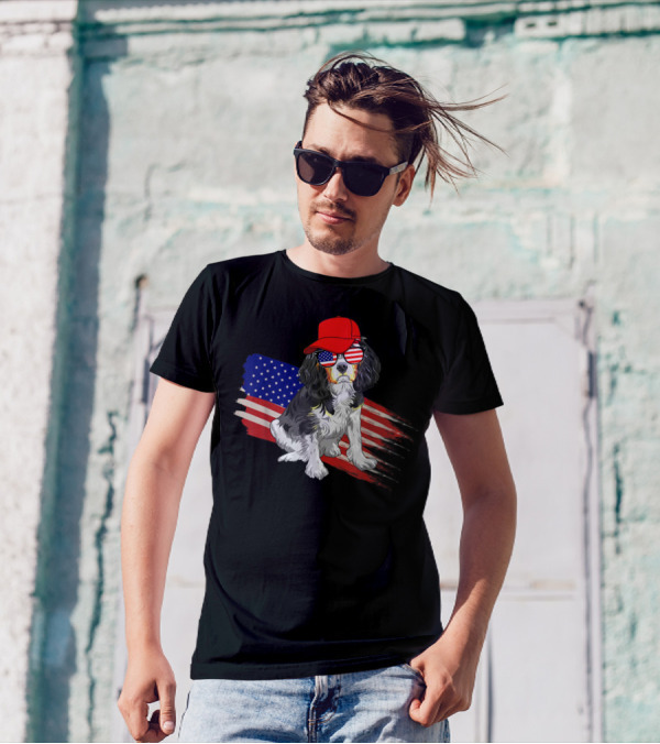 Cavalier King Charles Spaniel USA Flag Hat Sunglasses Patriotic Fourth Of July T-Shirt