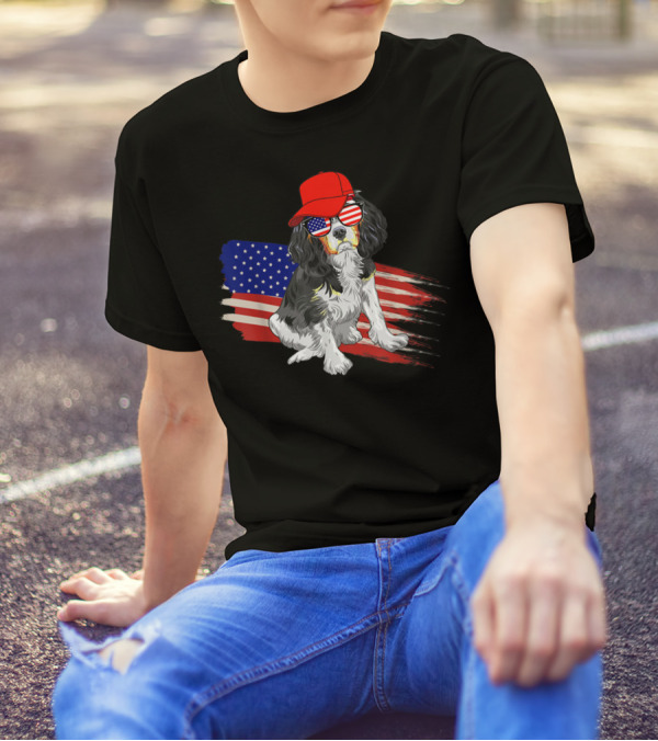 Cavalier King Charles Spaniel USA Flag Hat Sunglasses Patriotic Fourth Of July T-Shirt