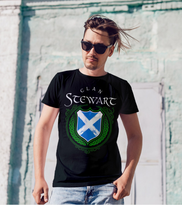 Clan Stewart Scottish Shield Scotland Flag And Green Celtic Knotwork T-Shirt