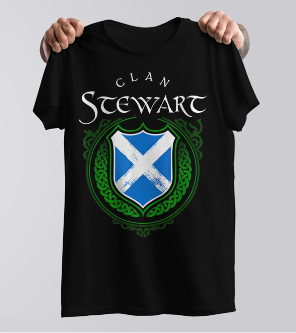 Clan Stewart Scottish Shield Scotland Flag And Green Celtic Knotwork T-Shirt