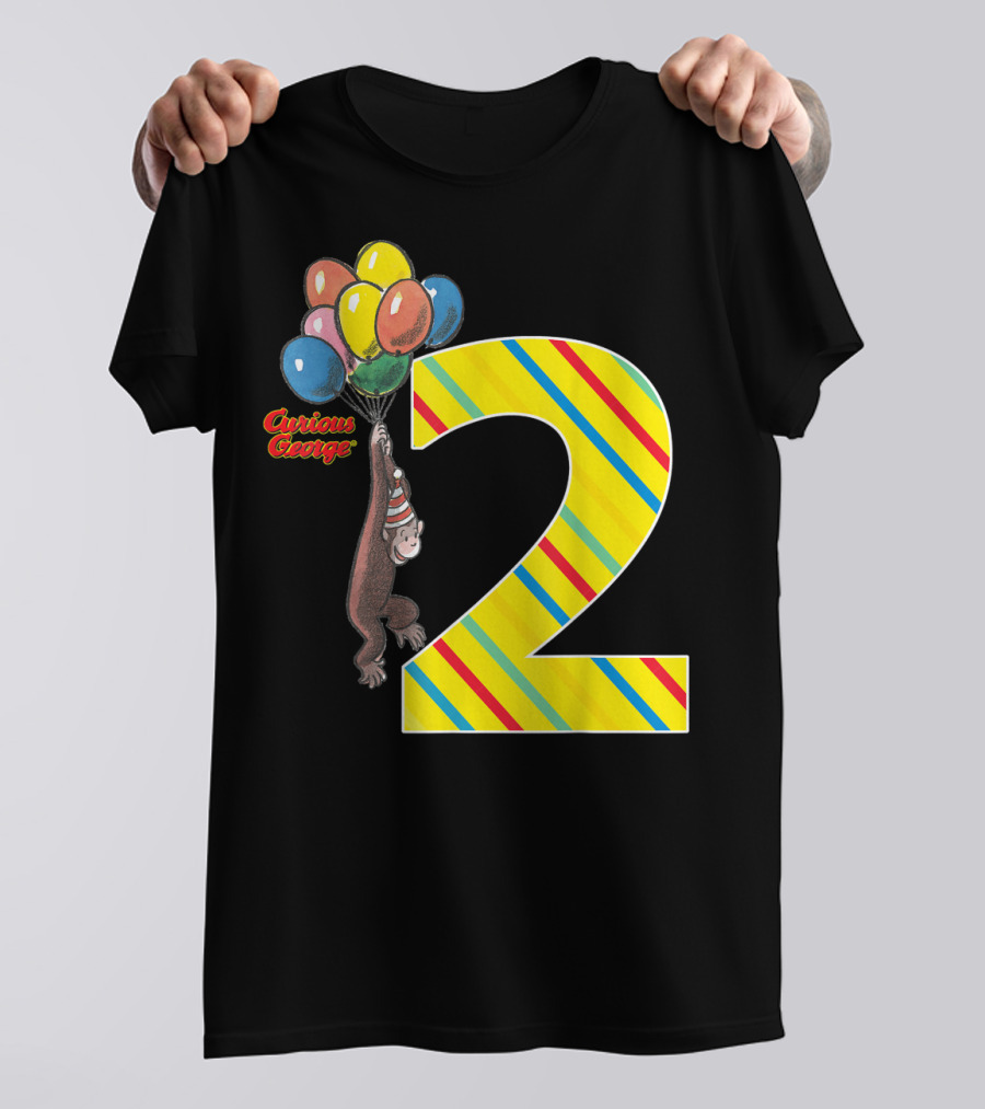Curious George Holding Balloons Next To Colorful Striped Number 2 For Second Birthday T-Shirt