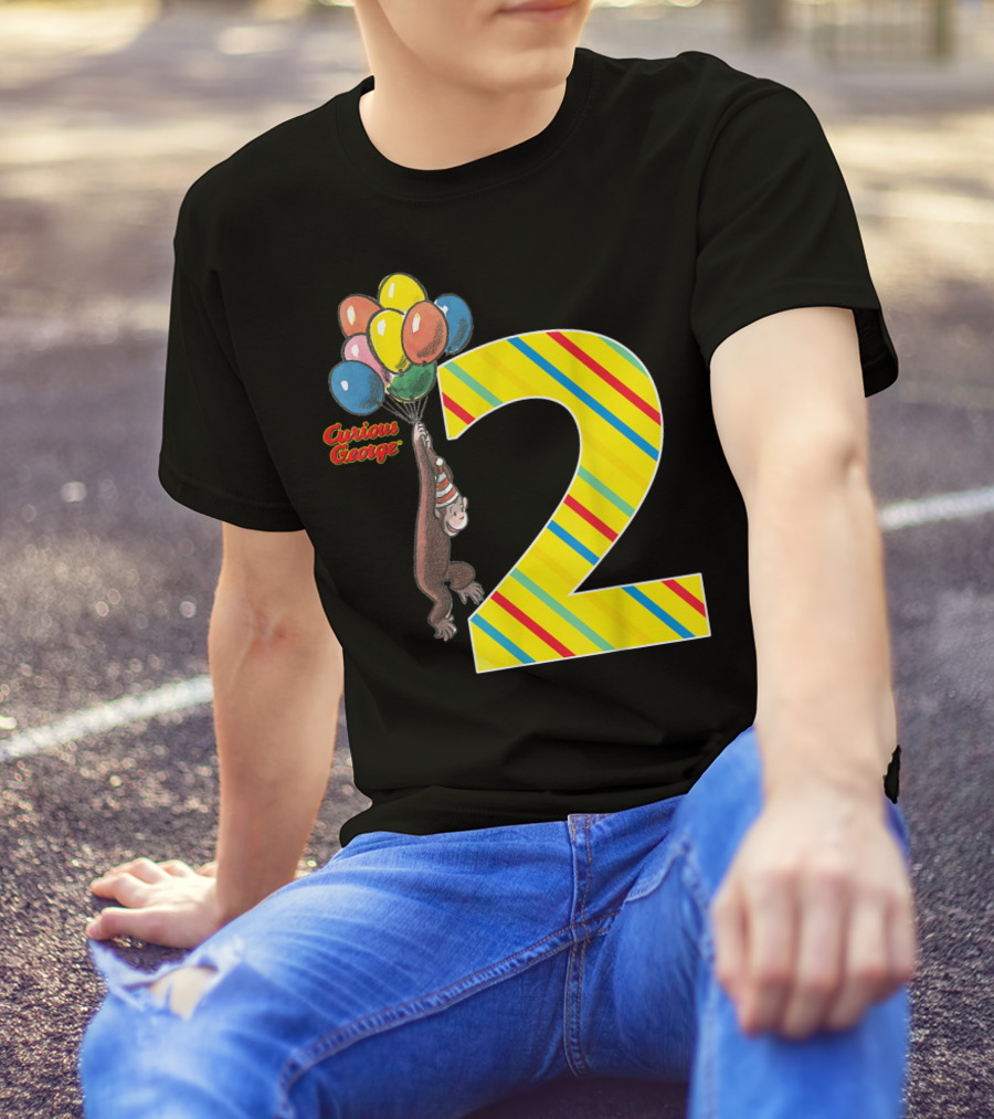 Curious George Holding Balloons Next To Colorful Striped Number 2 For Second Birthday T-Shirt